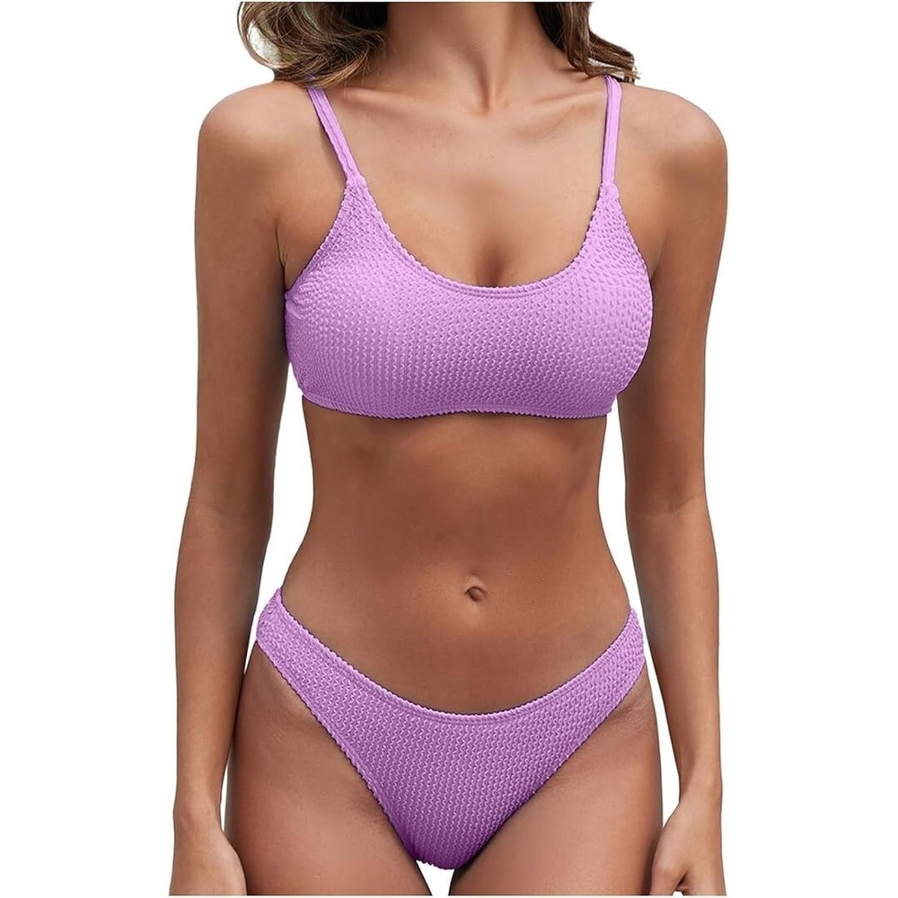 Women'S Ribbed Bikini Sets Scoop Neck Swimsuit Textured Two Piece Swimwear XS